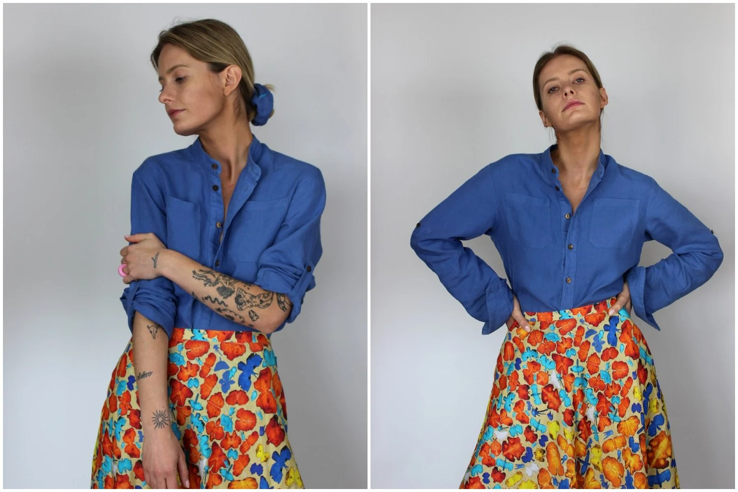 Koszula lniana oversize niebieska ze stójką damska