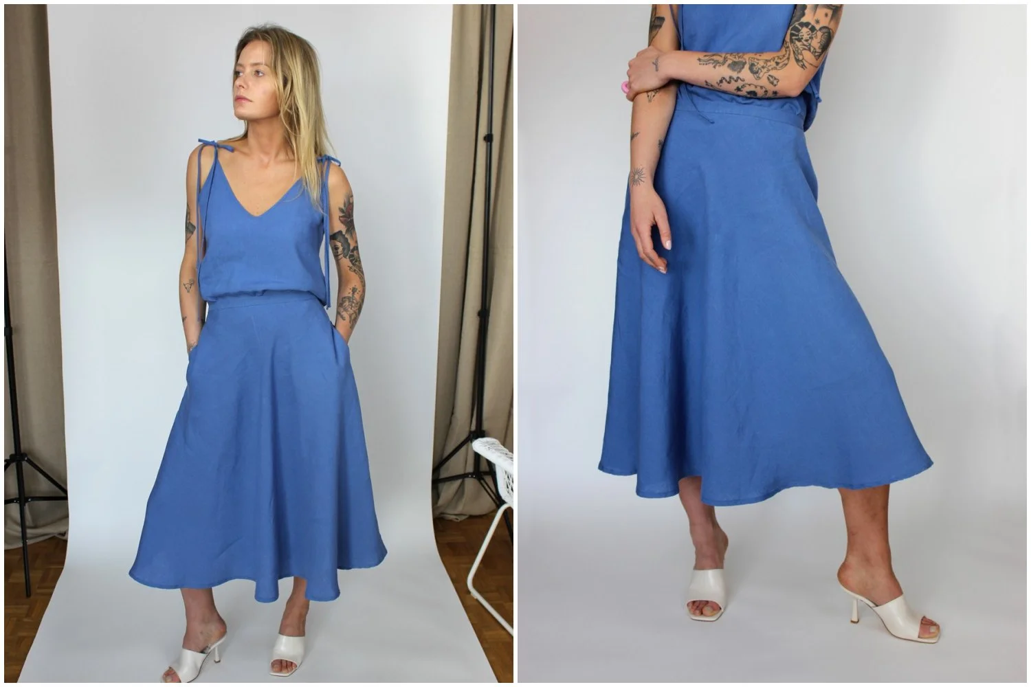 Niebieska lniana sukienka na wesele midi