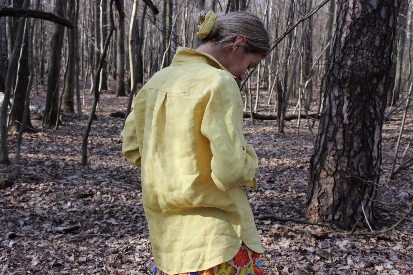 Koszula lniana oversize z kołnierzykiem żółta