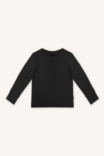 Koszulka z wełny merino dziecięca czarna z długim rękawem