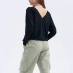 Bluzka z rękawem nietoperz z dekoltem V z wełny merino damska czarna