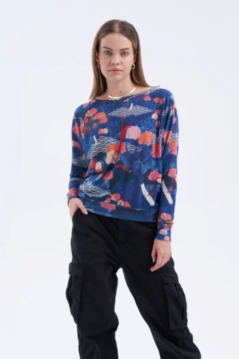 Bluzka z rękawem nietoperz z dekoltem V z wełny merino damska tengoku