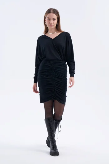 Spódnica z wełny merino marszczona czarna