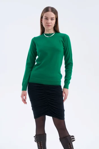 Sweter z wełny merino damski prosty szmaragdowy