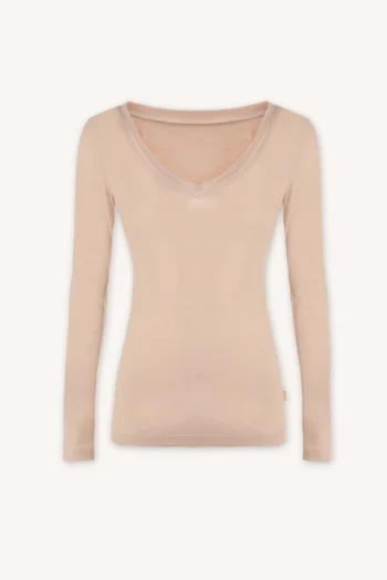 Podkoszulka z wełny merino z długim rękawem i dekoltem V cielista