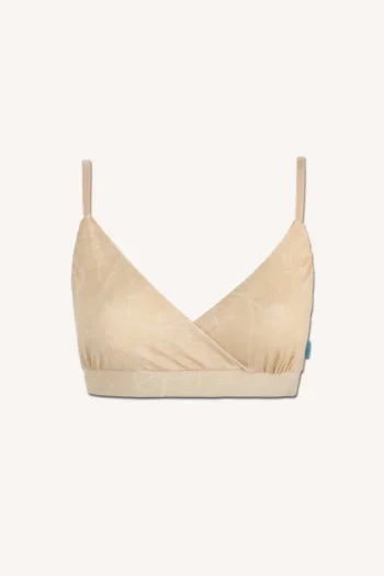 Beżowy biustonosz typu bralette na cienkich ramiączkach i z subtelnym kwiatowym wzorem, wykonany z miękkiej wełny merino 100%