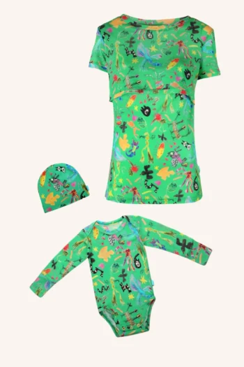 Zestaw: koszulka do karmienia, body i czapeczka z wełny merino pixie