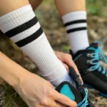 Osoba nosząca białe skarpetki z czarnymi paskami, które są wykonane z wełny merino .