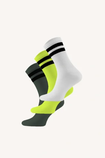 Trzypak: skarpety trekkingowe merino z paskami oliwkowe, białe, fluo