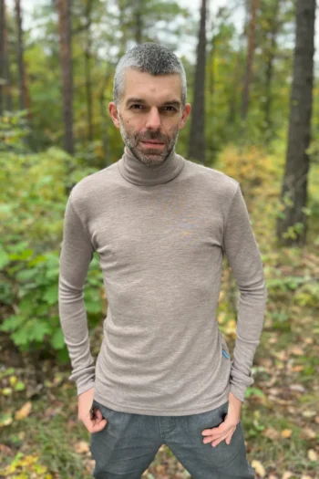 Golf z wełny merino 100% męski beżowy melanż