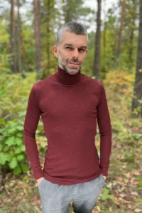 Golf z wełny merino 100% męski bordowy melanż