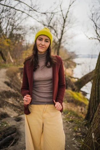 Kardigan z wełny merino 100% damski bordowy melanż