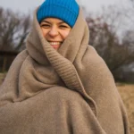 Koc z wełny merino 100% dzianinowy beżowy