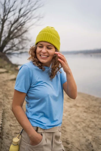 Koszulka z wełny merino prosta damska niebieska