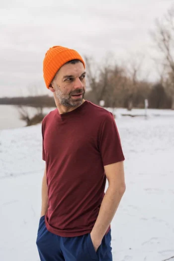 T-shirt z wełny merino męski bordowy