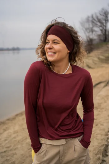 Koszulka z wełny merino z długim rękawem damska bordowa