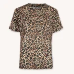 Koszulka z krótkim rękawem z wełny merino we wzór w panterkę damska dekolt o-neck