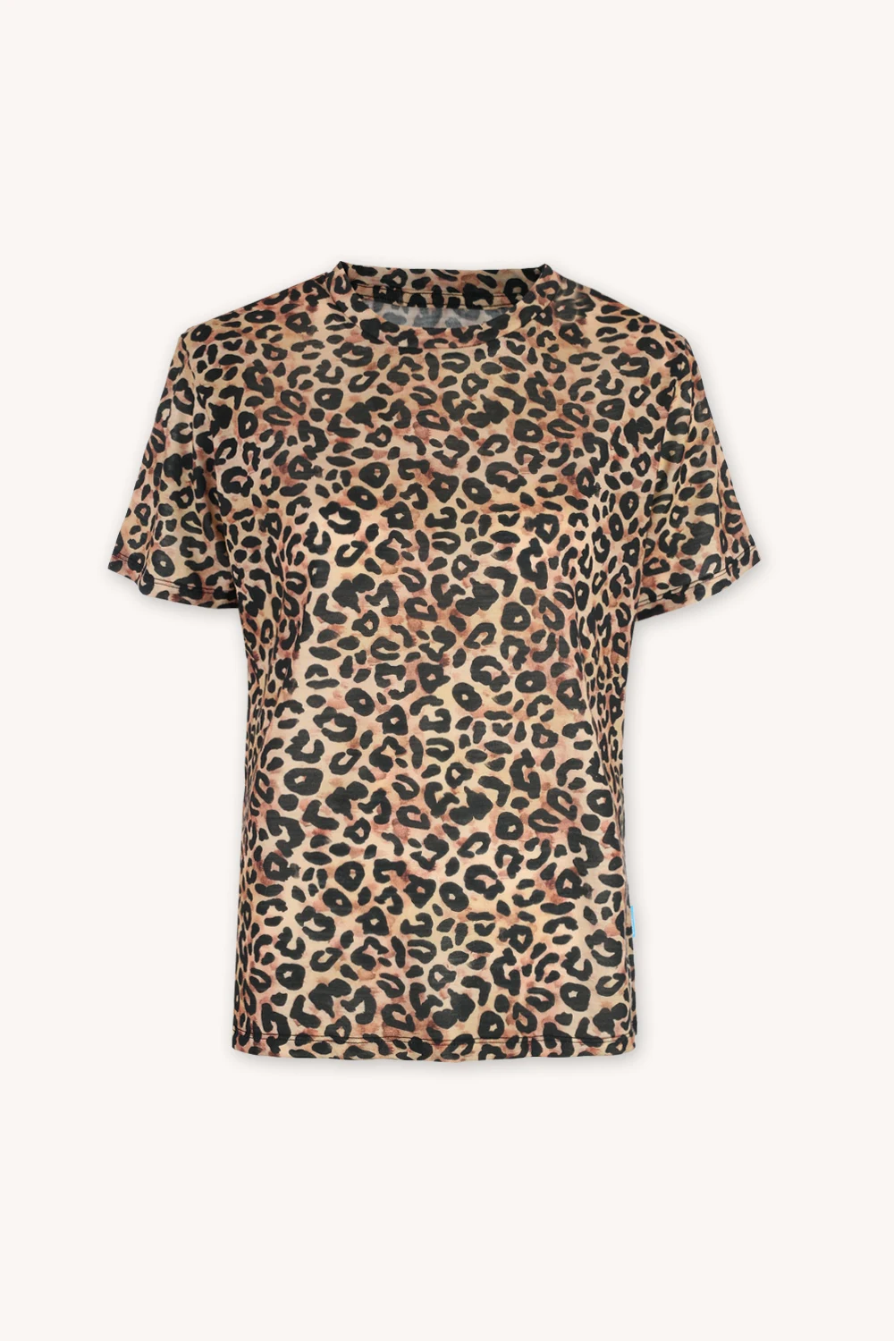 Koszulka z krótkim rękawem z wełny merino we wzór w panterkę damska dekolt o-neck