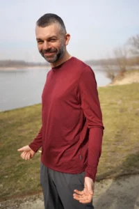 Koszulka z wełny merino z długim rękawem męska bordowa