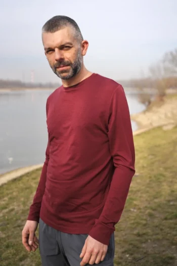 Koszulka z wełny merino z długim rękawem męska bordowa