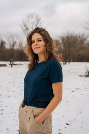 Koszulka z wełny merino prosta damska petrol