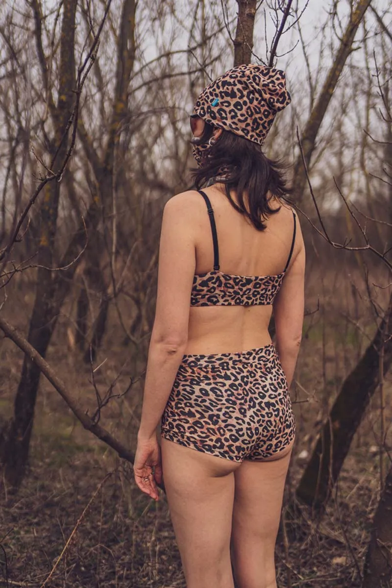 Bielizna z wełny merino damska w panterkę: stanik i wysokie majtki bokserki