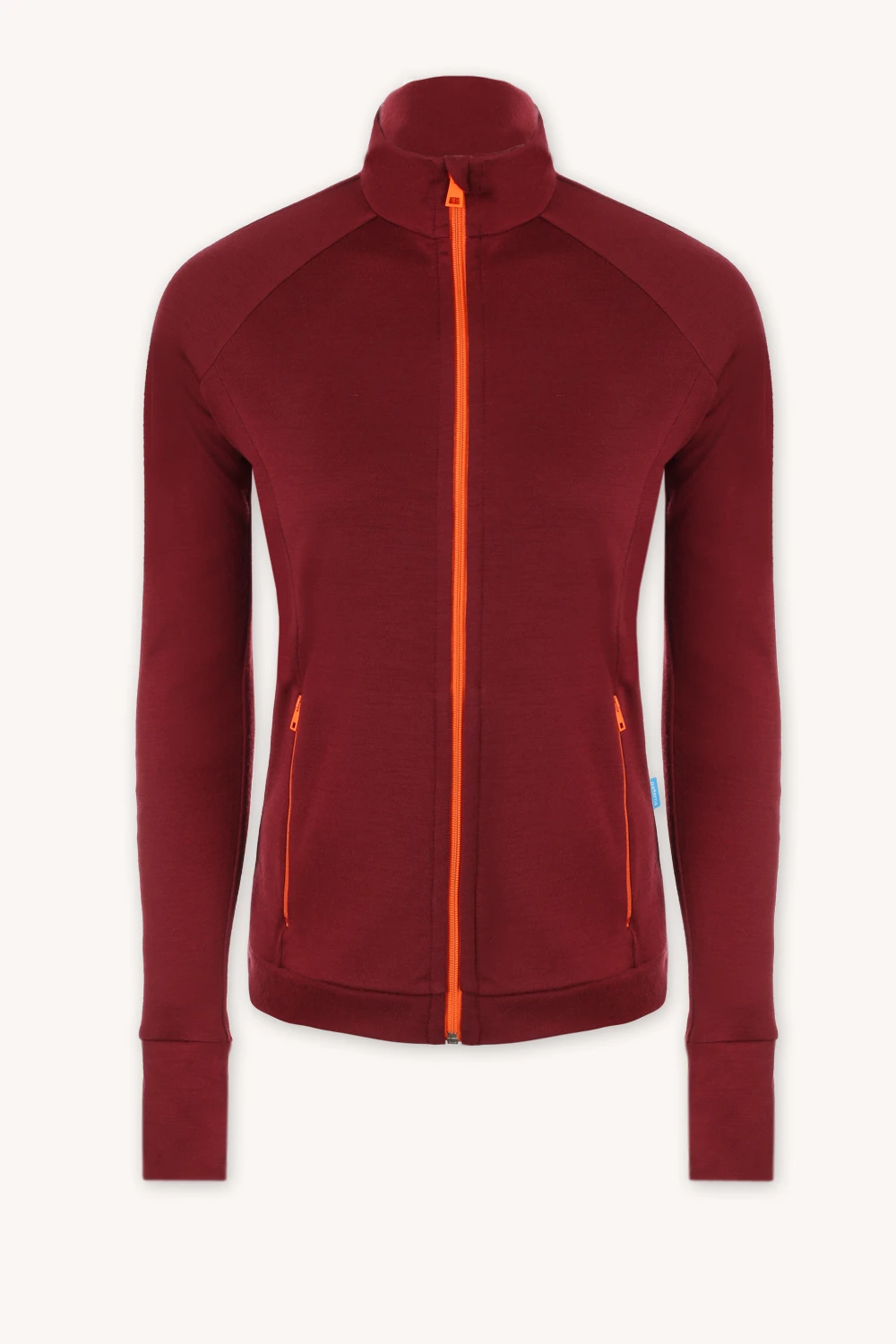 Bluza sportowa damska z wełny merino w bordowym kolorze z pomarańczowym suwakiem. Przód bluzy.