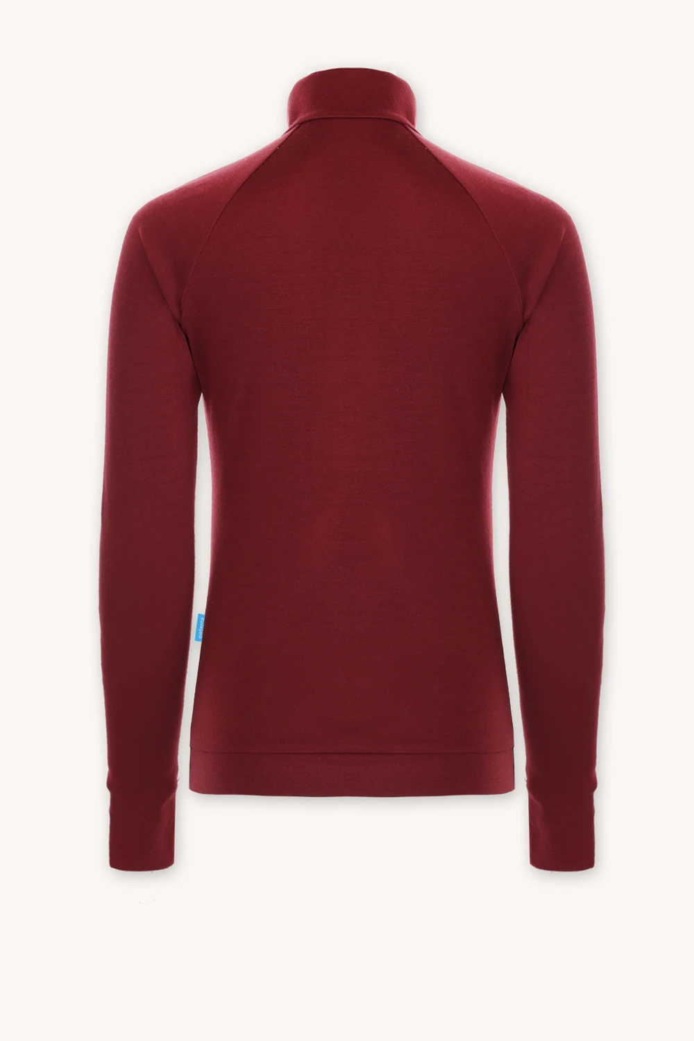 Bluza sportowa damska z wełny merino w bordowym kolorze. Tył bluzy.