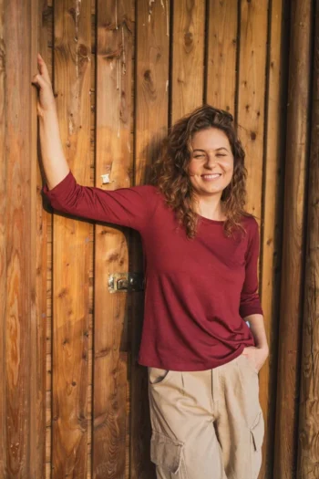 Koszulka z wełny merino z rękawem 3/4 bordowa