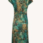 Sukienka z wełny merino w zielone wzorty w trójkąty green gorpcore. Tył sukienki