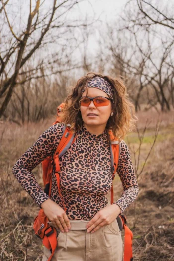 Koszulka z wełny merino ze stójką active damska panterka