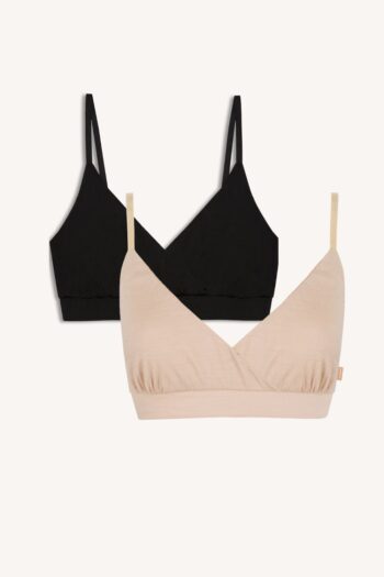 Dwupak: stanik cielisty i czarny - dwa bezfiszbinowe biustonosze z cienkimi, regulowanymi ramiączkami i prostym, bezszwowym krojem na jasnym tle.