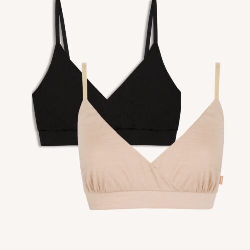 Dwupak: stanik cielisty i czarny - dwa bezfiszbinowe biustonosze z cienkimi, regulowanymi ramiączkami i prostym, bezszwowym krojem na jasnym tle.