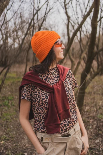 Koszulka z wełny merino prosta damska panterka