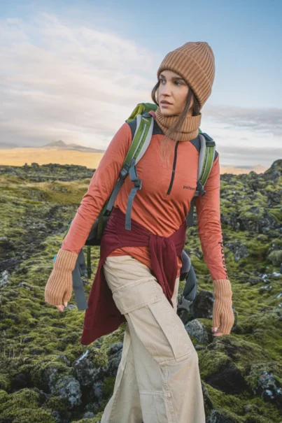 Bluzka z wełny merino trekkingowa damska ceglana