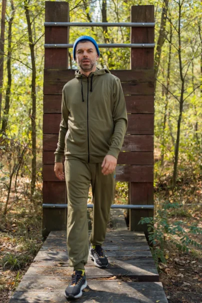Bluza z wełny merino męska rozpinana z kapturem oliwkowa