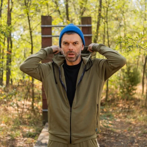 Bluza z wełny merino męska rozpinana z kapturem oliwkowa