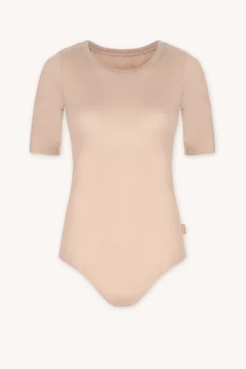 Body z wełny merino z krótkim rękawem z dekoltem U cieliste