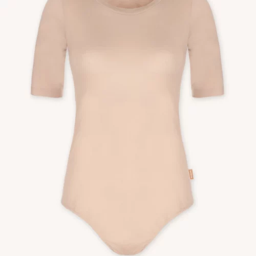 Body z wełny merino z krótkim rękawem z dekoltem U cieliste Body z wełny merino z krótkim rękawem z dekoltem U cieliste