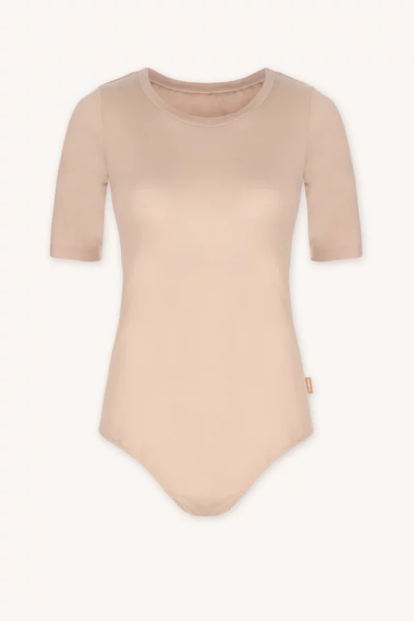 Body z wełny merino z krótkim rękawem z dekoltem U cieliste