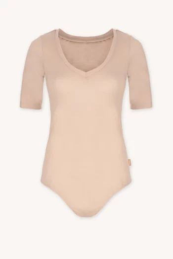 Body z wełny merino z krótkim rękawem z dekoltem V cieliste