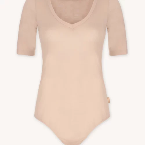 Body z wełny merino z krótkim rękawem z dekoltem V cieliste Body z wełny merino z krótkim rękawem z dekoltem V cieliste