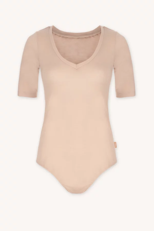 Body z wełny merino z krótkim rękawem z dekoltem V cieliste