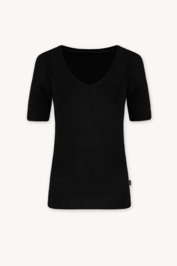 Podkoszulka z wełny merino z krótkim rękawem i dekoltem V czarna