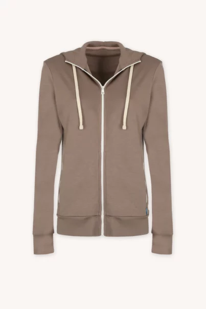 Bluza z wełny merino damska rozpinana z kapturem mocha