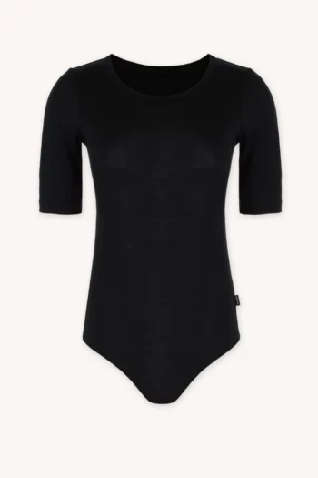 Body z wełny merino z krótkim rękawem z dekoltem U czarne