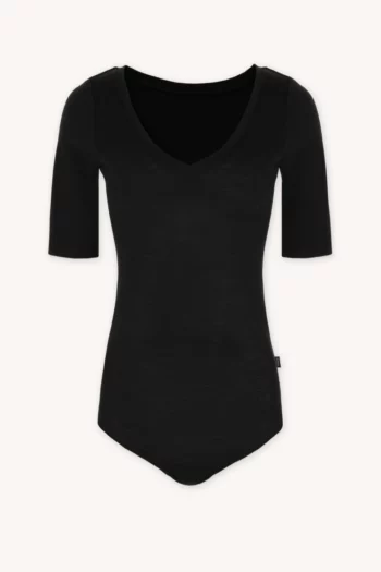 Body z wełny merino z krótkim rękawem z dekoltem V czarne