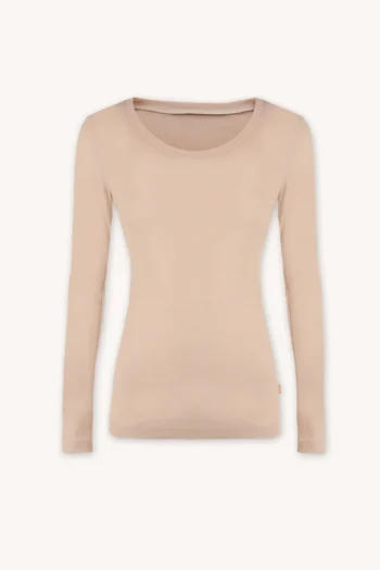 Podkoszulka z wełny merino z długim rękawem i dekoltem U cielista