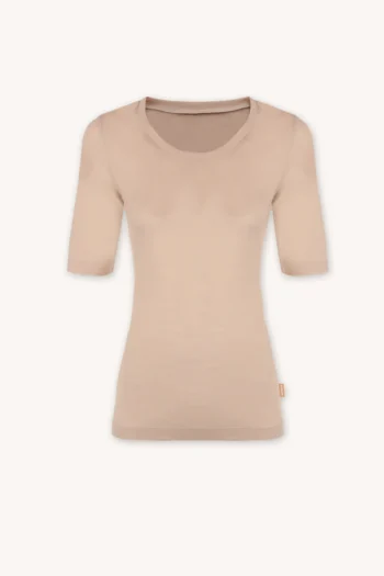 Podkoszulka z wełny merino z krótkim rękawem i dekoltem U cielista