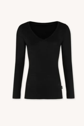 Podkoszulka z wełny merino z długim rękawem i dekoltem V czarna